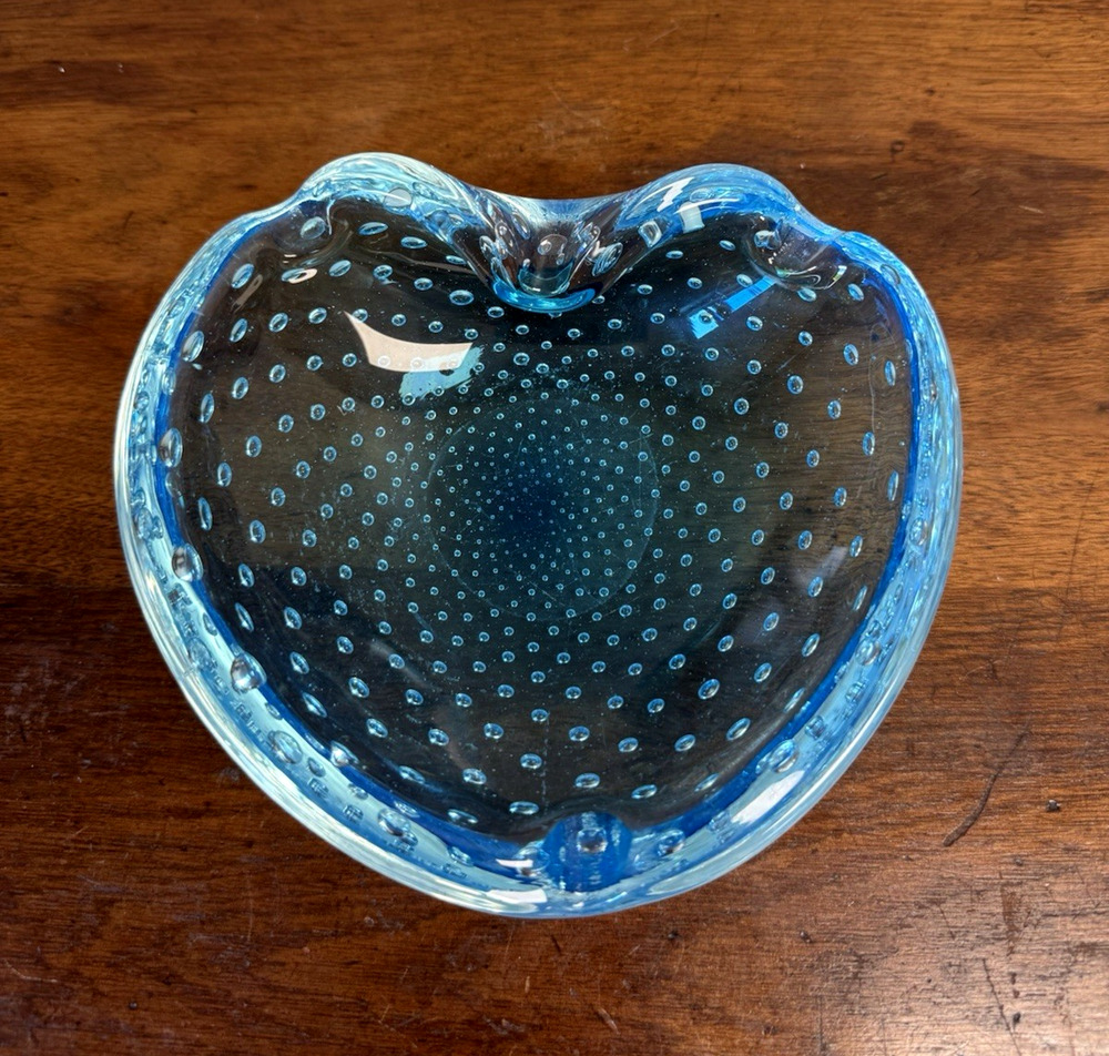 VTG Murano Barbini Blue Controlled Bubble Art Glass Heart Bowl Ashtray MCM